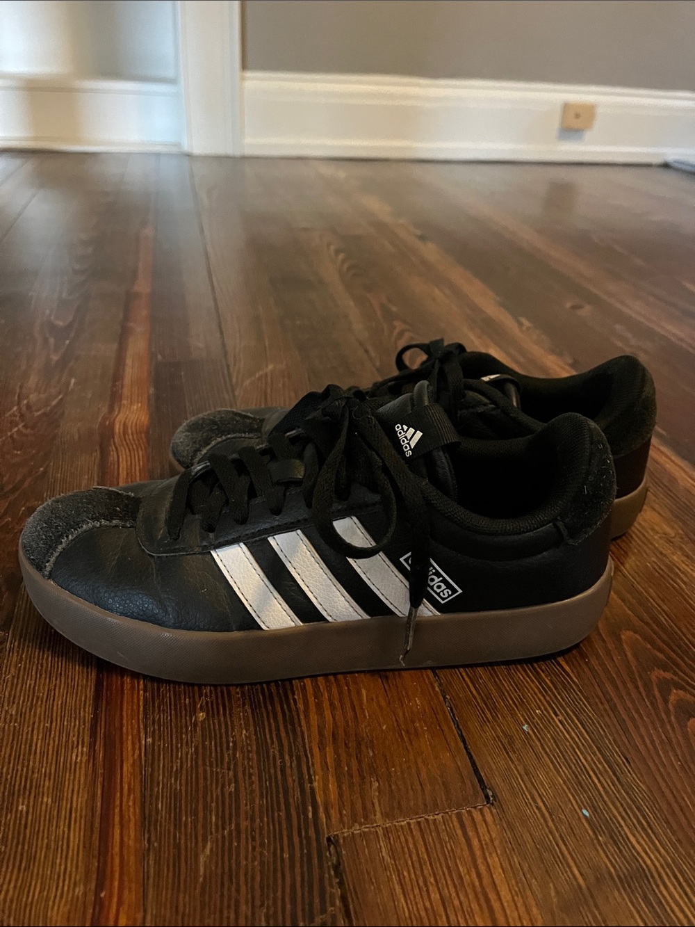 adidas Black Sneakers with White Stripes and Brown Gum Sole